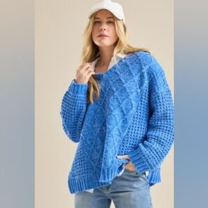 Luca Altar'd State Chunky Cable & Waffle Knit Scoop Neck Sweater - Blue XL